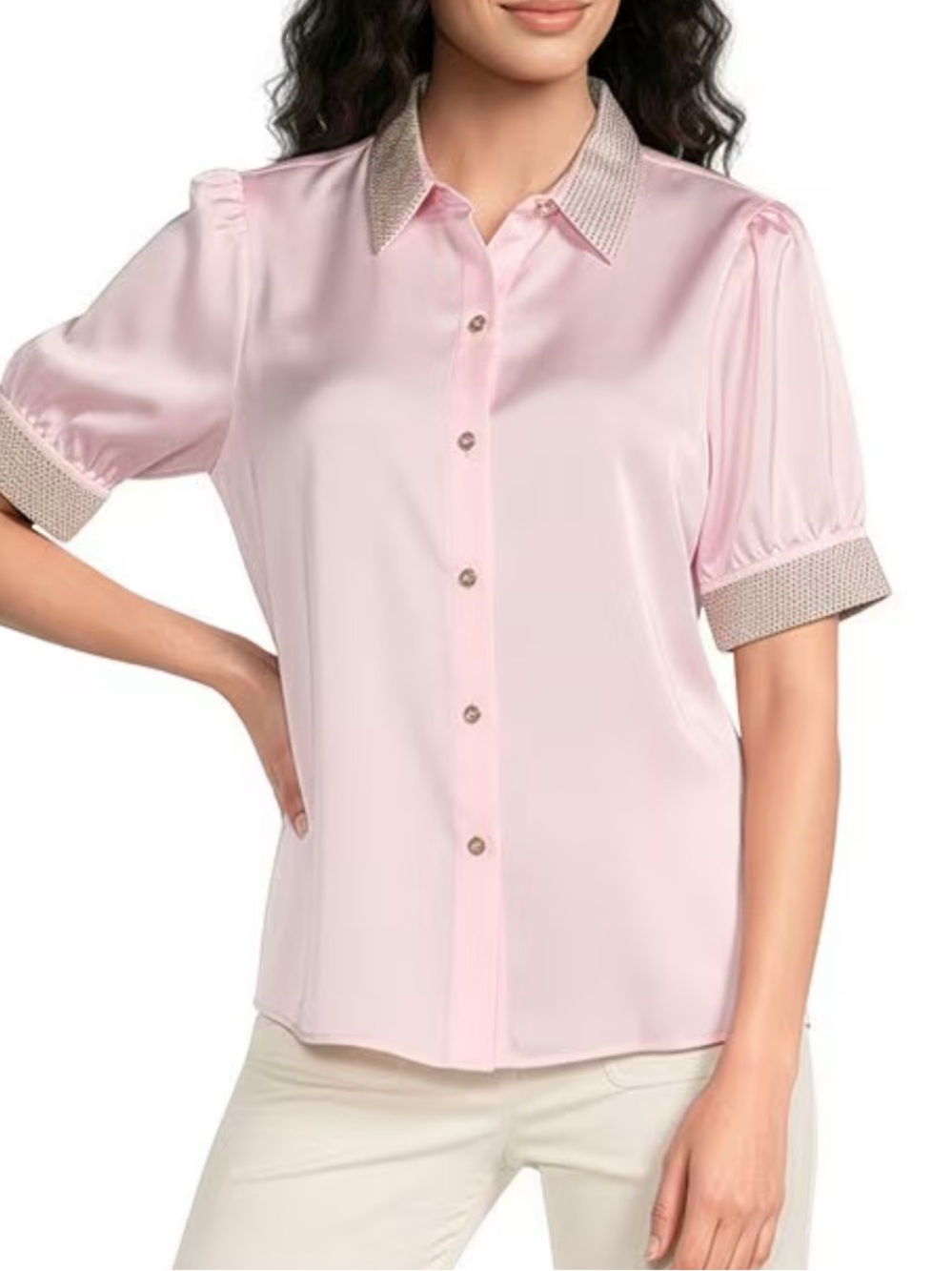 Pink Satin Short-Sleeve Button Front Blouse with Contrast Trim